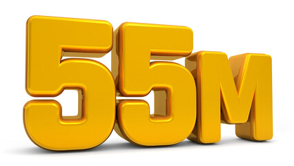 Golden 55M isolated on white background. 55M 3d. Thank you for 55 Million followers 3D gold. 3D rendering