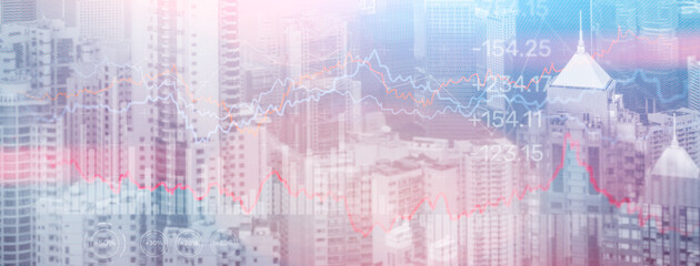Wall Mural - Double exposure Financial graphs and diagrams. Business, economics and investment concept on modern city background