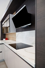 Wall Mural - Modern gray white lacquer wood kitchen cabinet and black electric stove and hood on white granite countertop