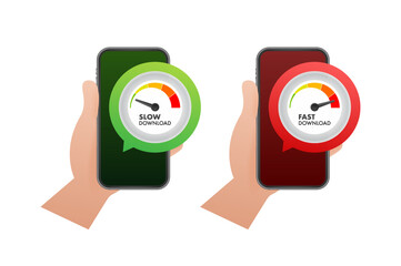 Sticker - Speedometers with slow and fast download. Vector stock illustration.