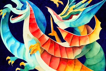 Poster - Dragon baby animals watercolor illustration