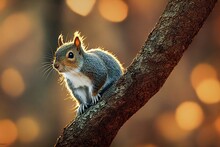 A Squirrel In The Autumn Forest. A Squirrel In Nature In An Autumn Park. Cute Squirrel Sitting On A Tree Branch. 3d Rendering