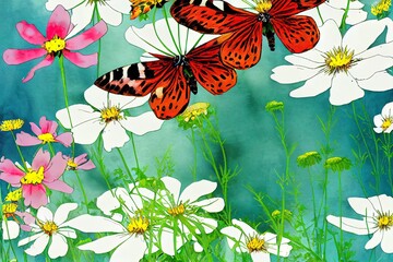 Poster - Card with flying butterfly, green plants, coreopsis and cosmos flowers, watercolor border isolated on white background. Summer print, wallpapers, ornament, delicate horizontal banner for your text.