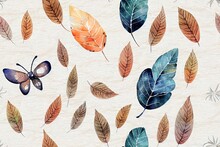 Seamless Autumn Pattern With Watercolor Moths, Leaves And Mushrooms In Muted Colors. Hand Drawn Watercolor For Fabric, Packaging, Wallpaper And Other Design