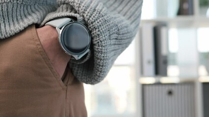 Girl hand with smart watch on wrist. Innovatie clock device. Person with modern gadget