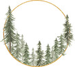 © MayaNavits - Watercolor woodland and mountains frame illustration, forest background. Card invitation design with forest trees. Evergreen trees wreath, oak, fir natural border print