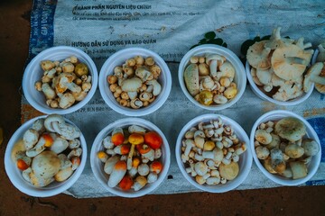 Sticker - Top view of various raw mushrooms on plates on a table