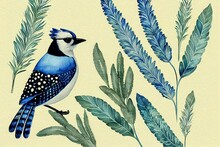 Blue Jay Bird With Sage Flowers. Watercolor Illustration. Vintage Hand Drawn Floral Decor. Retro Style Blue Bird With Sage Flowers