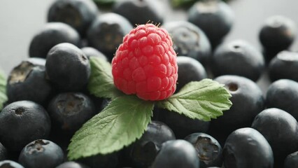 Wall Mural - raspberry on a blueberries fresh harvest, macro shot