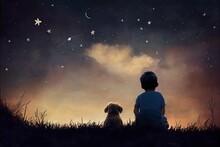 Child And Dog In The Field Watching The Stars. Digital, Illustration, Painting, Artwork, Scenery, Backgrounds