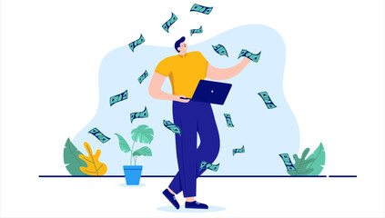 Leinwandbilder - Developer salary - Man making lots of money standing with computer in hand doing digital work. Income and finances concept, flat design vector illustration with white background