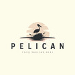 pelican with sun and cattails vector logo vintage template illustration design