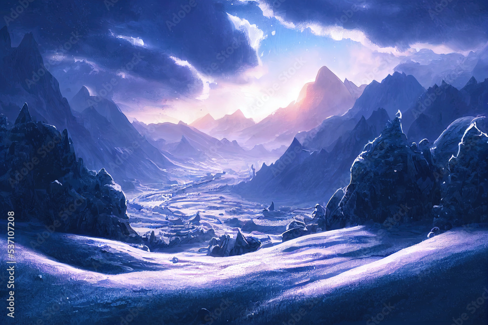 Fantastic Winter Epic Landscape of Mountains. Celtic Medieval