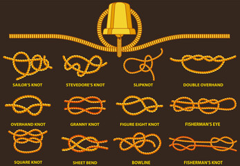 Yellow nautical rope knot, interweaving of ropes, tapes or other flexible linear materials. Twisted tape set of rope knots, hitches, bows, bends. Fastening any tackle or connection between two cables