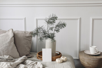 Wall Mural - Empty Christmas greeting card, invitation mockup. Bed, sofa with linen cushions, blanket. Pine tree branches in vase. White little pumpkins on wicker tray, wooden coffe table with cup. Winter interior