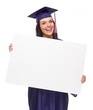 © Andy Dean - Female Graduate in Cap and Gown Holding Blank Sign Isolated on White