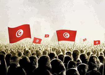 Wall Mural - Crowd with the flags of Tunisia, people cheering national team of Tunisia. Ai generated illustration of crowd.