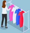 © robu_s - Choosing clothes in store, shopping concept. Female buyer chooses clothing in dressing room. Customer with dress hanging on hanger in mall. Woman shopper stands in fitting room of store or boutique