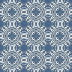 Sticker - Farmhouse blue snow flake pattern background. Frosty batik damask french effect seamless backdrop. Festive cold holiday season wall paper tile. 