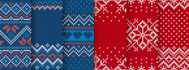 Christmas knitted seamless patterns. Blue and red knit border. Sweater texture. Fair isle traditional backgrounds. Set holiday ornaments. Festive crochet. Wool pullover frame. Vector illustration