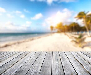 Wall Mural - Empty blank table on sea beach background.