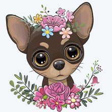 Cartoon Dog Chihuahua With Flowers On A White Background