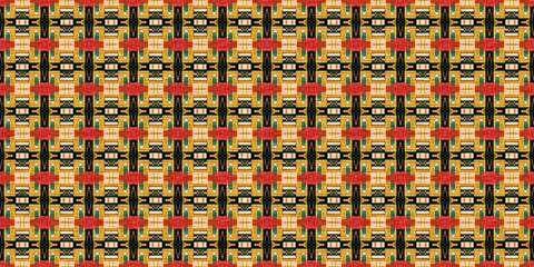 Wall Mural - Traditional tile mosaic seamless border pattern print. Fabric effect mexican patchwork damask edging trim. Square shape symmetrical background textile ribbon . Creative colourful graphic design banner