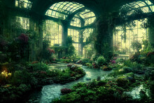 Majestic Fantasy Interior, Botanical Garden. 3D Illustration