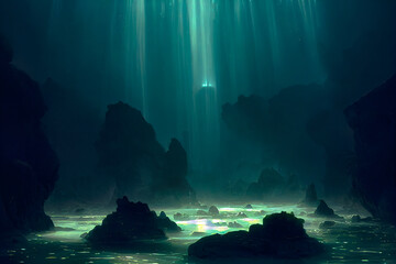 Fantasy night dark landscape, moonlight, neon, depth underwater landscape. 3D illustration