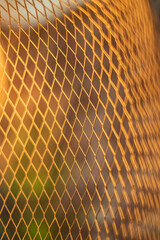Closeup photo abstract background, metallic structure net. Warm orange color flexible bend abstract trellised background