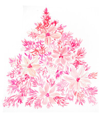 Pink Watercolor Christmas Tree Illustration With Flowers