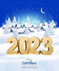 Aufkleber - Holiday Christmas Winter Background with a Village Landscape and 2023 litters. Vector.
