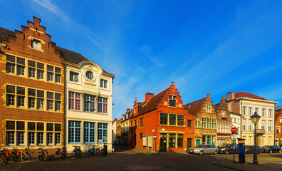 Vibrant street view of downtown Ghent, capital city of east Flanders province, Belgium along Leie river