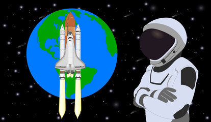 Wall Mural - space astronaut in new space suit in a front of space shuttle flight and earth planet. vector illust