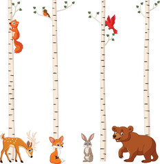 Wall Mural - Cartoon forest animals with birch tree