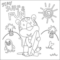 Vector illustration of cute little animal with a surfboard, Childish design for kids activity colouring book or page.