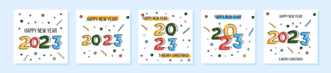 Happy New Year 2023. Collection of greeting card or social media square banners in flat abstract design with numbers. Xmas eve celebration with confetti. Memphis geometric posters. Vector illustration