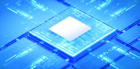 3D rendering of cyberpunk AI. Circuit board. Technology background. Central Computer Processors CPU and GPU concept. Motherboard digital chip. Tech science background.