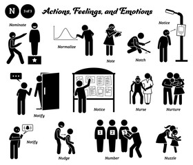 Stick figure human people man action, feelings, and emotions icons alphabet N. Nominate, normalize, note, notch, notice, notify, notice, nurse, nurture, notify, nudge, number, and nuzzle.