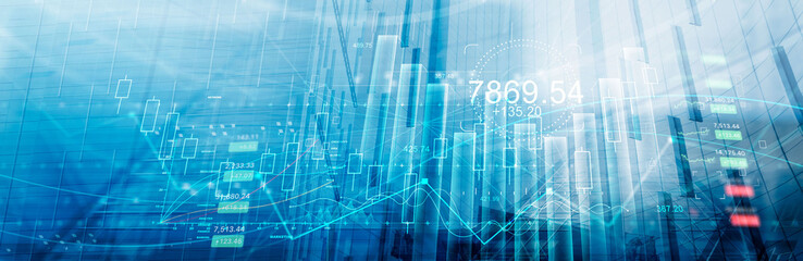 Poster - Stock market business and finance graphs and digital indicators on global data networking. Financial analytics, Rate exchange and profit  on blue city background.