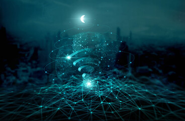 Fototapete - Abstract of Global telecommunication network connection. Wireless Communication. Cyber technology and internet network modernization on dark blue cityscape background. 3D render.