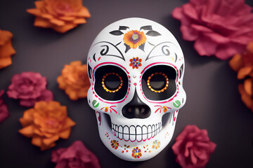 Hispanic heritage sugar skull marigold  Festive dia de los muertos background 3d render digital illustration 