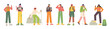 © MINIWIDE - Collection of hiker characters in mountaineering clothes. flat vector illustration.
