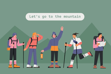 Wall Mural - collection of characters in mountaineering clothes. flat vector illustration.
