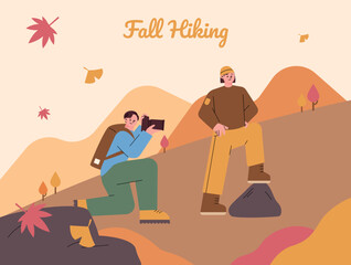 Wall Mural - Two hikers are taking a commemorative photo in the autumn mountains. Autumn mountain background with flying brown and red leaves. flat vector illustration.