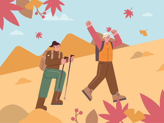 Wall Mural - two hikers are hiking in the autumn mountain. the leaves have turned brown and red. flat vector illu
