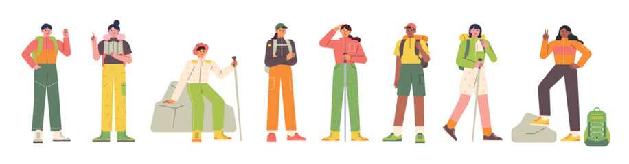 Wall Mural - collection of hiker characters in mountaineering clothes. flat vector illustration.