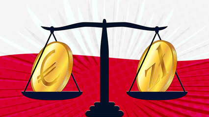 Canvas Print - Gold coin of Polish zloty PLN and Euro EUR on scales and colored flag of Poland on background. Central Bank of Poland adopts laws on digital assets CBDC.