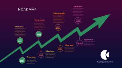 Wall Mural - Roadmap with upward trend arrow and many colored stages on dark purple background. Timeline infographic template for business presentation. Vector.