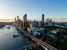 Aerial View Of Brisbane City In Australia At Sunset